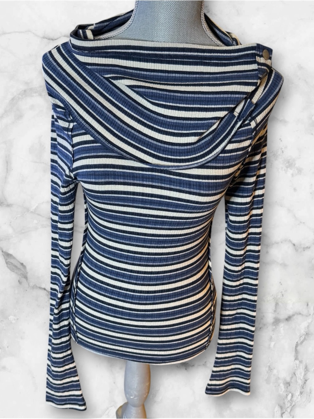 Free People Free People Ribbed Blue Navy & White Striped CowlNeck Knit Sweater